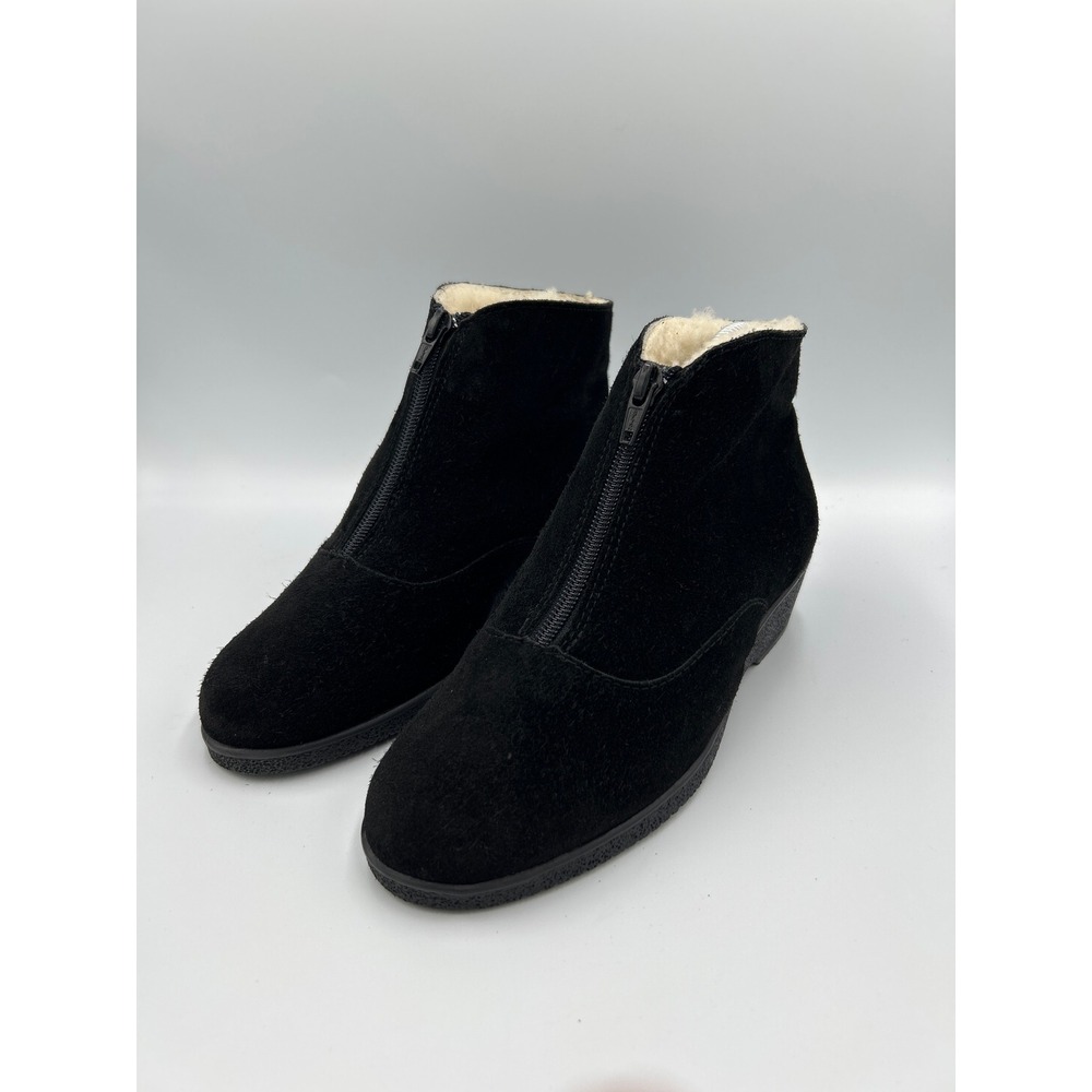Draper of Glastonbury Black Suede Sheepskin Lined Front Zip Ankle Boots Size 4.5